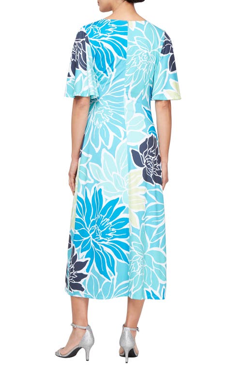 Shop Sl Fashions Floral Wrap Dress In Aqua