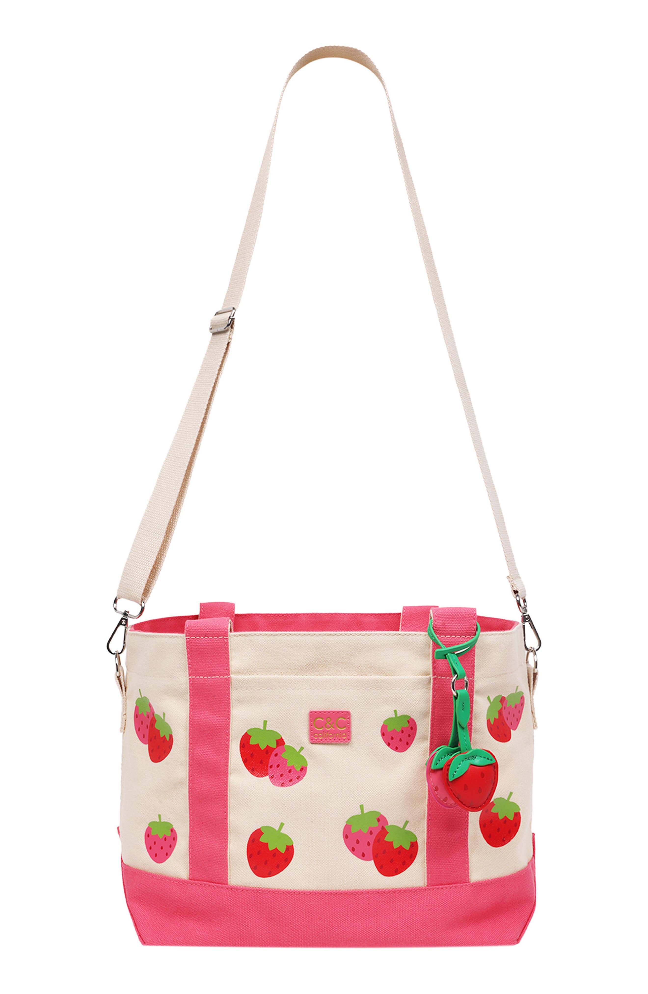 Strawberry Print Tote Bag, Alternate, color, PINK
