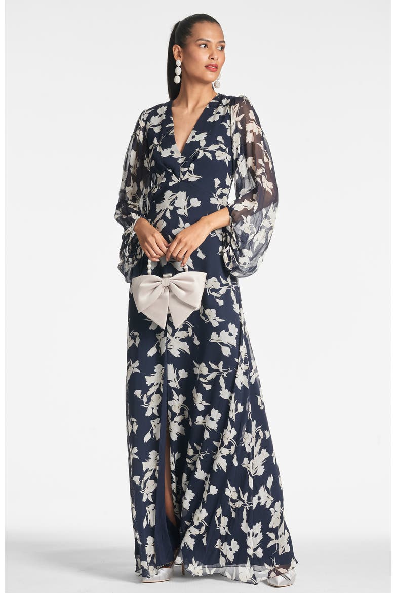 Jenny Floral Balloon Sleeve Gown, Alternate, color, NAVY VENETIA PETAL