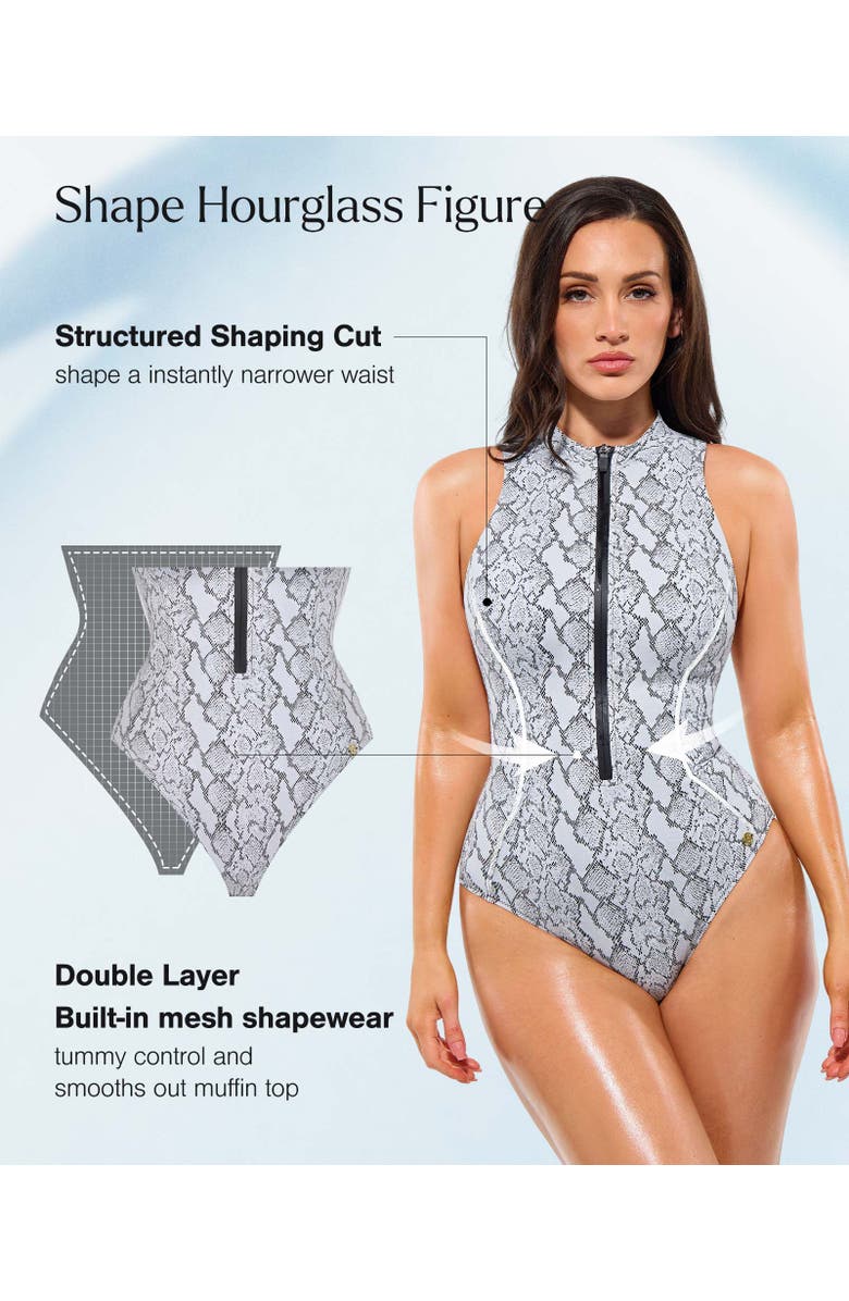 Popilush Zipper Front One-Piece Swimsuit with High Leg Cut, Alternate, color, Snack Print