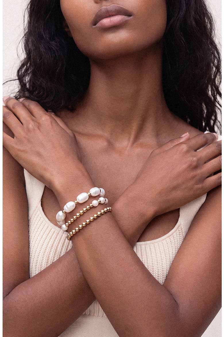 Set of 3 Imitation Pearl Stretch Bracelets, Alternate, color, GOLD
