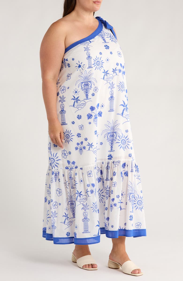 SUGARLIPS Alvina Tropics Nicol One-Shoulder Cotton Maxi Dress, Alternate, color, White/ Blue
