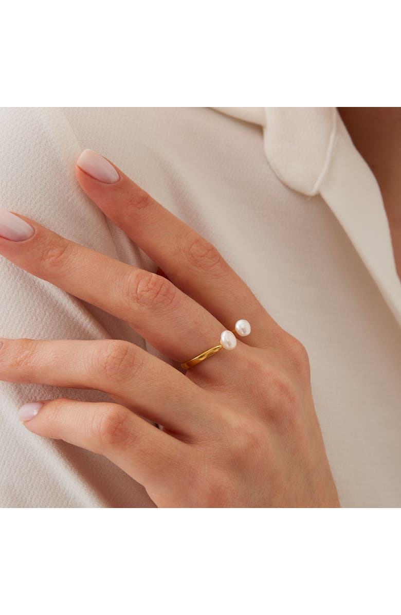 Spero London Double Pearl Sterling Silver Adjustable Open Ring, Alternate, color, Gold