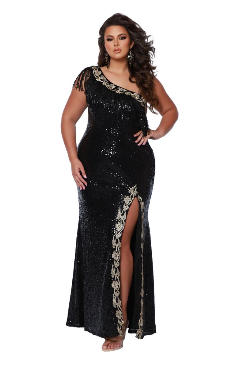 Sydney's Closet Long Fitted Plus Size Sequin Off Shoulder Maxi Formal Dress, Main, color,