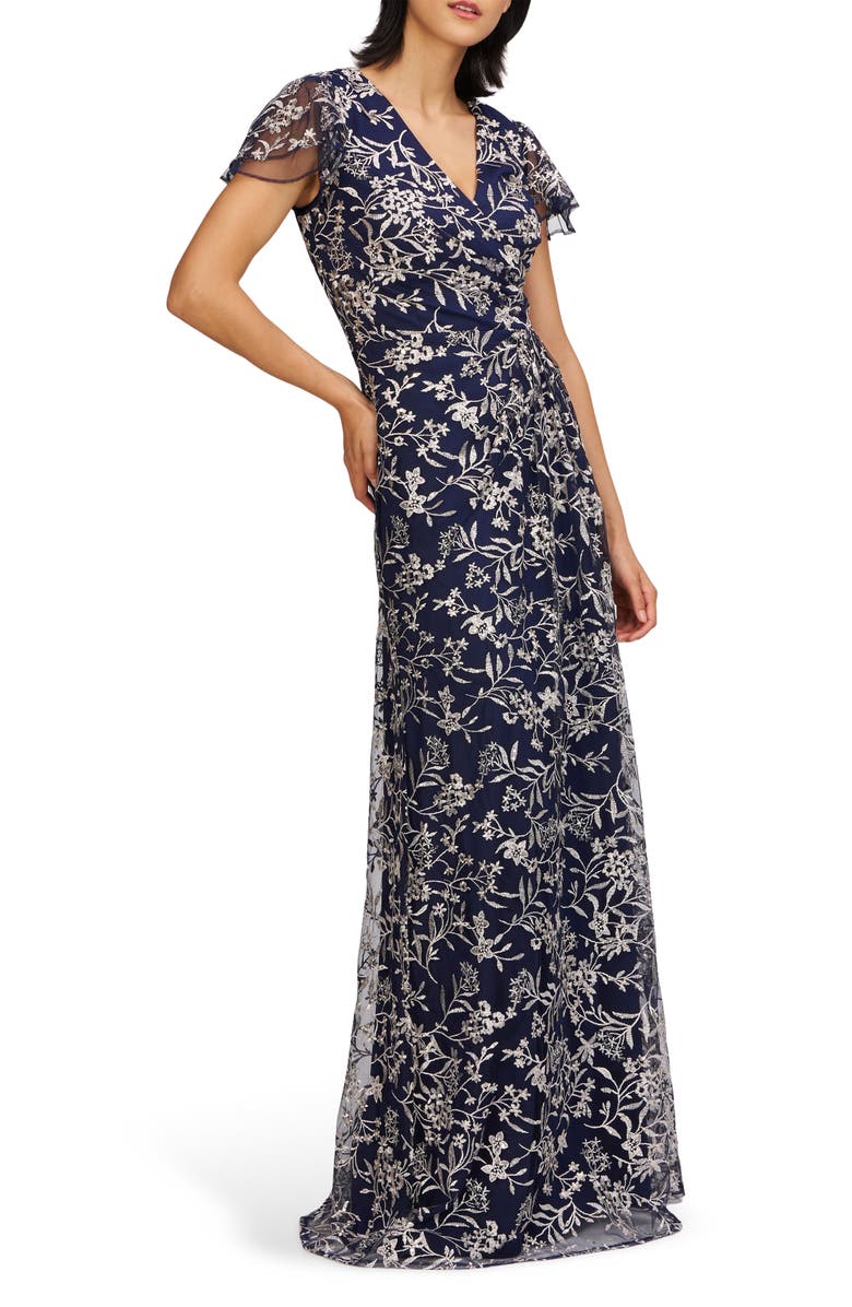 JS Collections Skylar Floral Embroidered Gown, Alternate, color, Navy/ Wheat