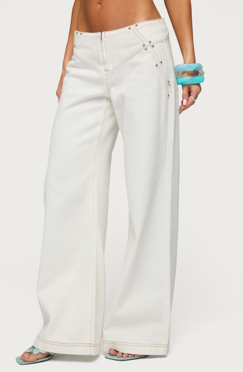 EDIKTED Kianni Studded Low Rise Wide Leg Jeans, Alternate, color, White