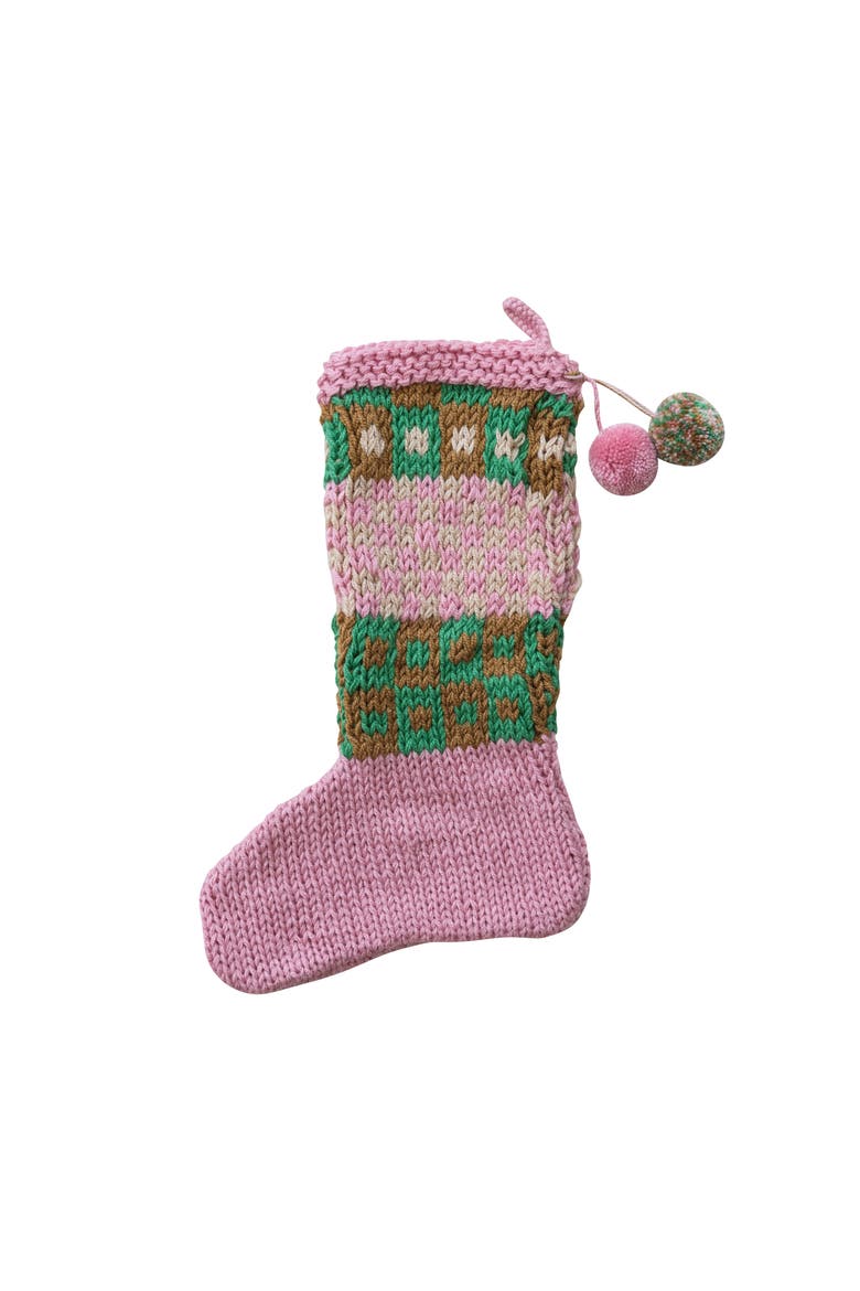 Acrylic Crocheted Stocking with Pattern & Pom Poms, Multicolor, Main, color, Multicolor