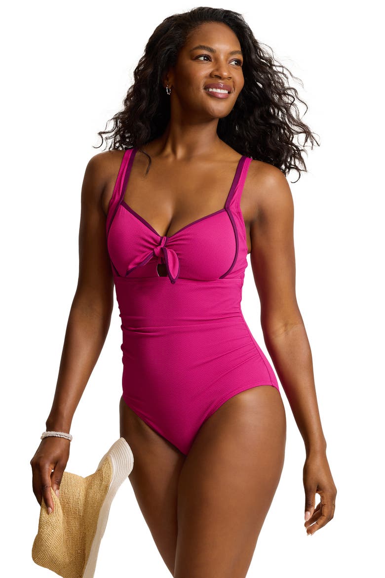 Island Cays Cabana Tie Front One-Piece Swimsuit, Alternate, color, HIBISCUS POP