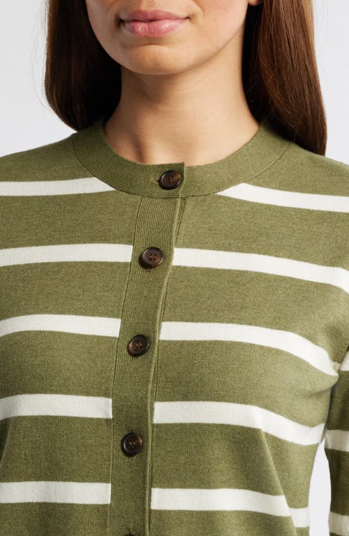 Caslon ® Classic Crewneck Cardigan In Olive- Ivory Renee Stripe