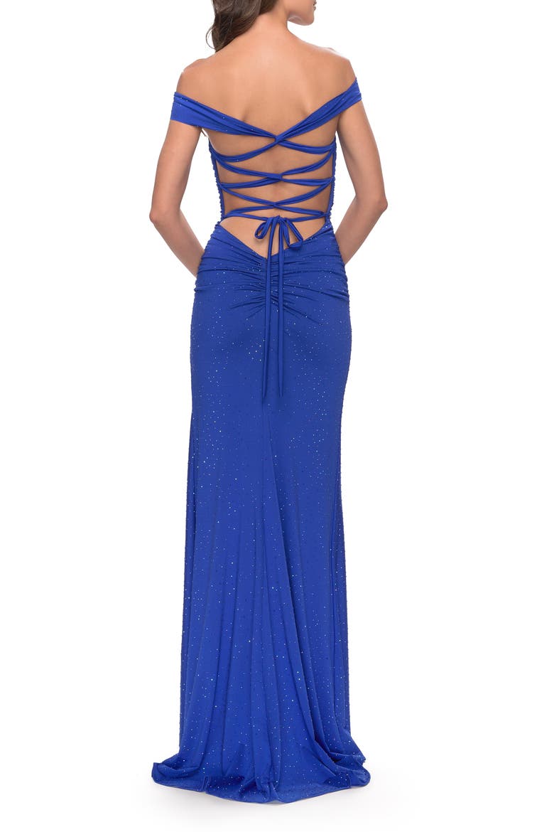Rhinestone Off the Shoulder Dress with Lace Up Back, Alternate, color, Royal Blue