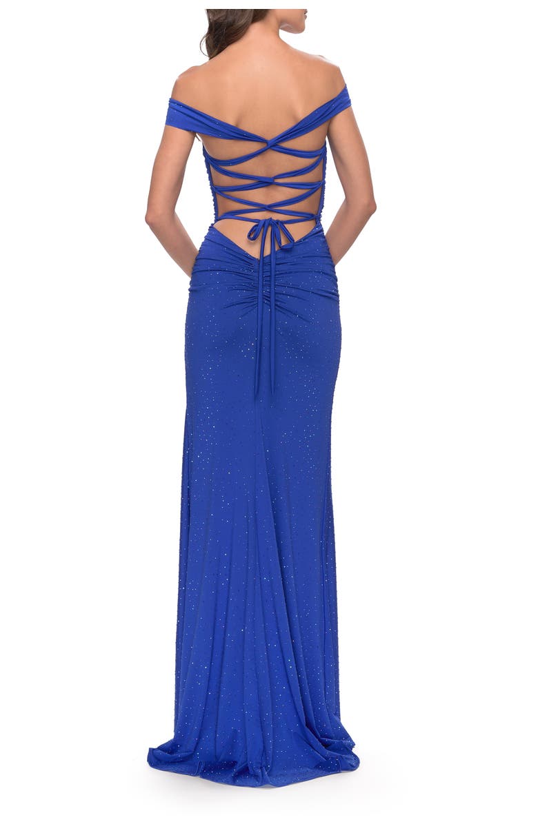 La Femme Rhinestone Off the Shoulder Dress with Lace Up Back, Alternate, color, Royal Blue