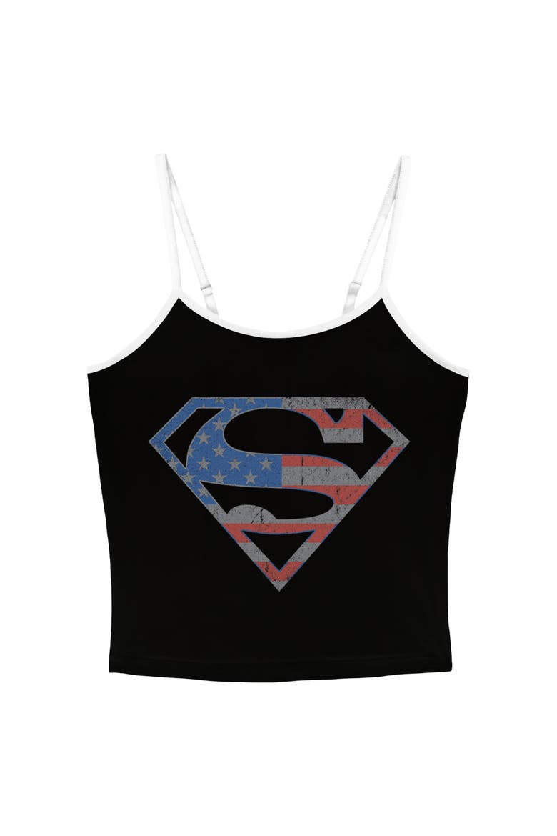 Junior's Superman Stars and Stripes S Shield  Tank Top, Main, color, Black