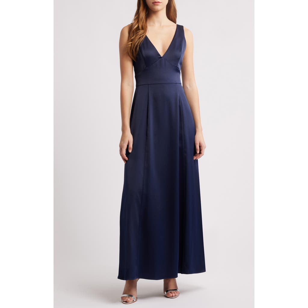Wayf Thea Halter Neck Satin Gown In Navy