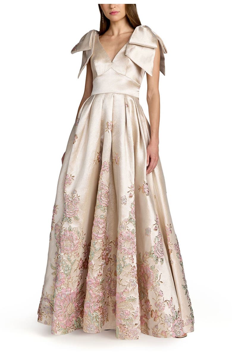 Mac Duggal Brocade V Neck Gown with Bow Straps, Main, color, Champagne Multi