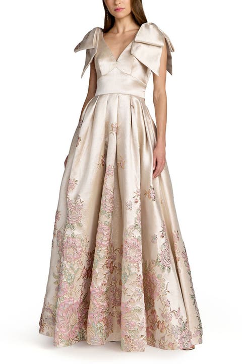 Brocade V Neck Gown with Bow Straps