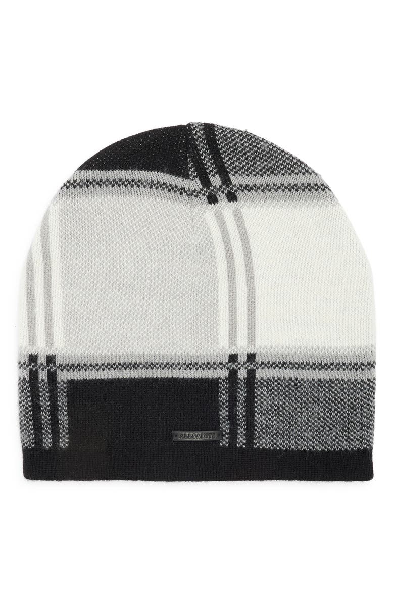 AllSaints Plaid Jacquard Beanie, Main, color, Black Multi