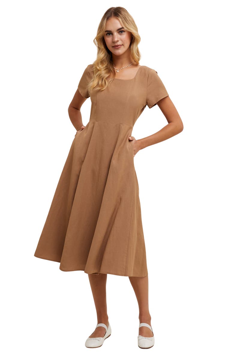 Flare Square Neck Midi Dress, Alternate, color, MOCHA