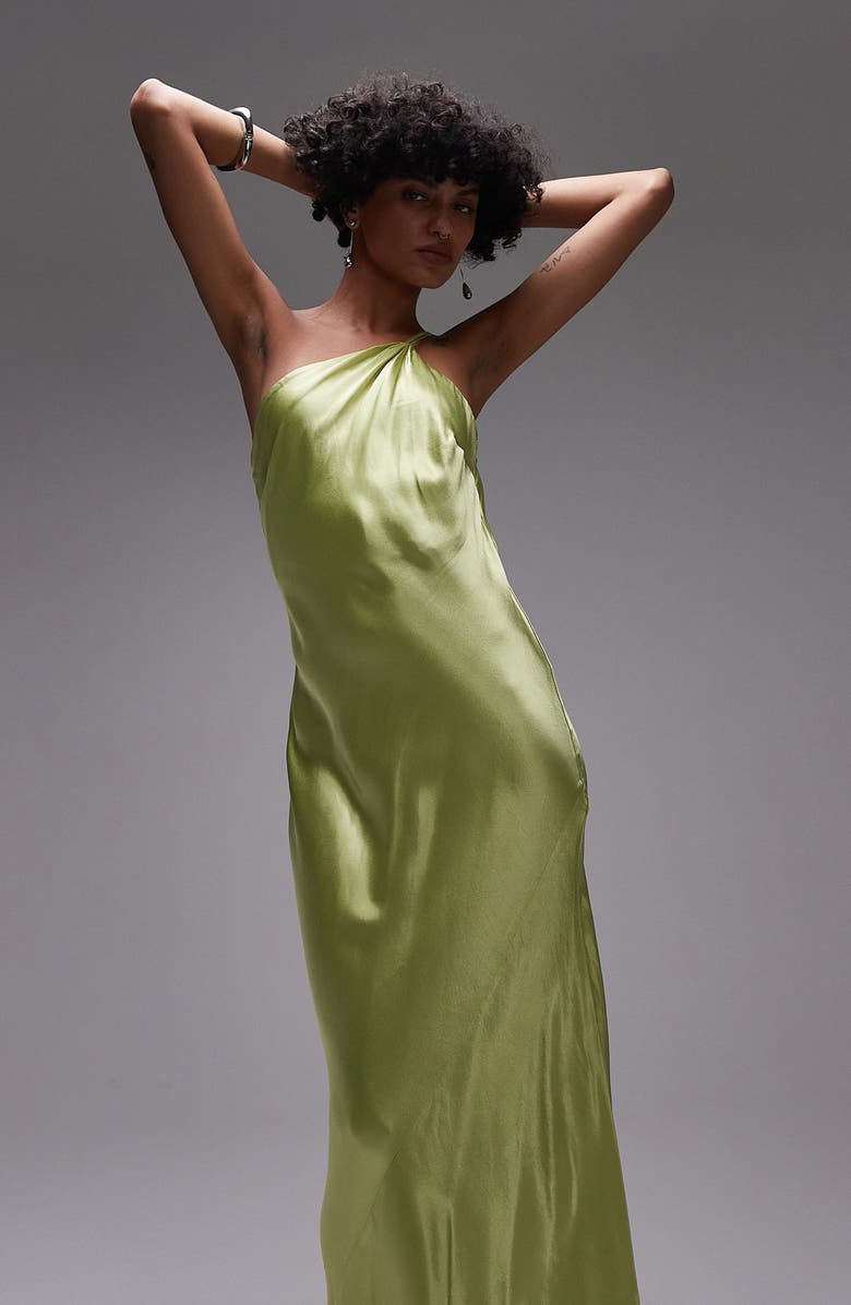 Topshop One-Shoulder Satin Maxi Dress, Alternate, color, Light Green