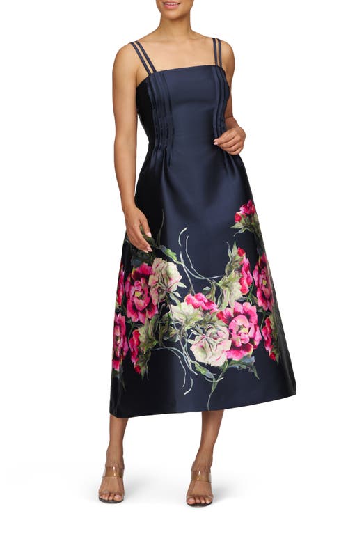 Kay Unger Margot Placed Floral A-line Cocktail Dress In Midnight Blue