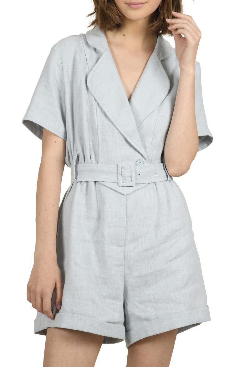 Belted Linen & Cotton Romper, Main, color, LIGHT BLUE