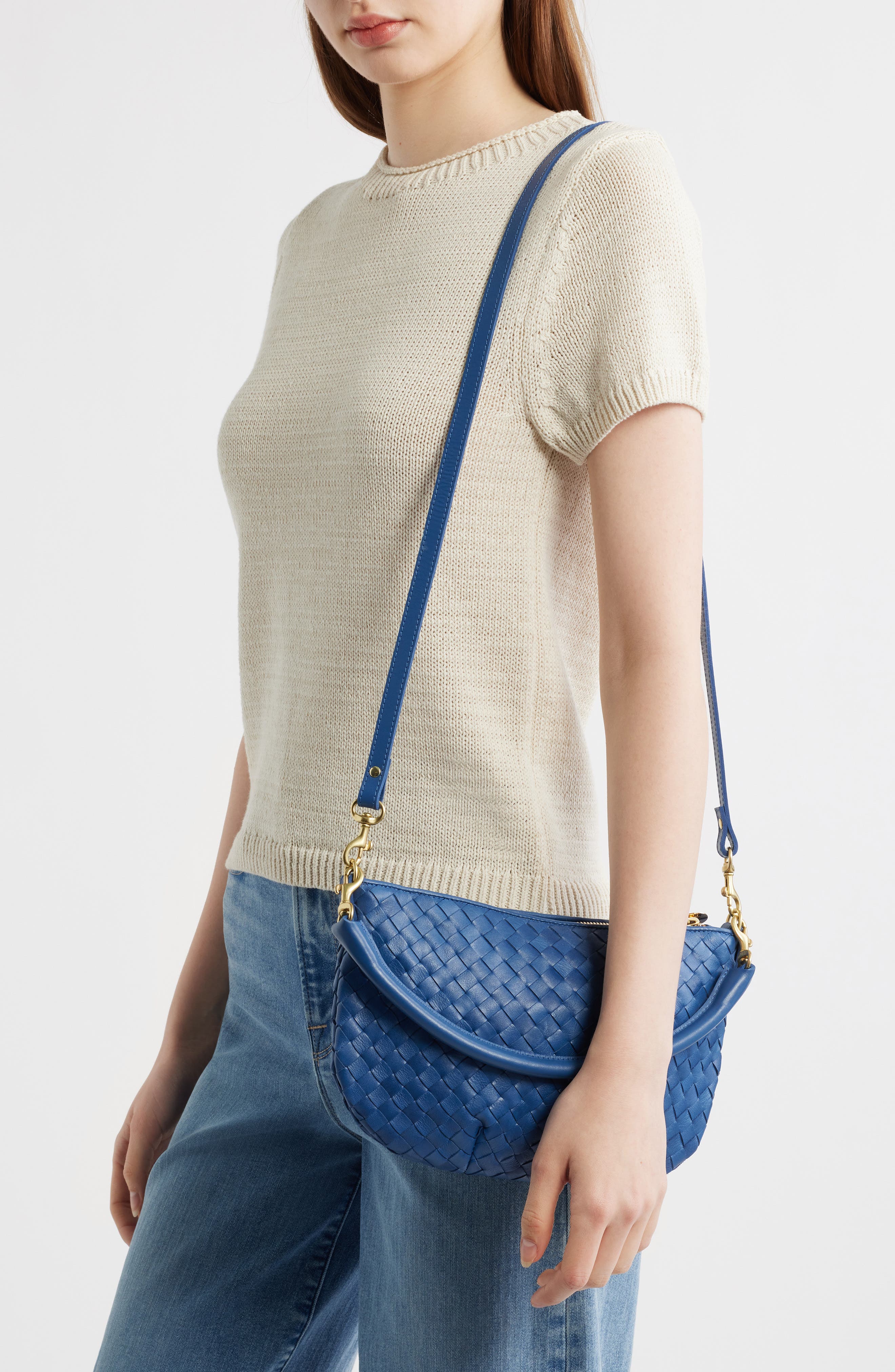 Clare V. Medium Petit Moyen Woven Leather Messenger Bag, Alternate, color, French Blue
