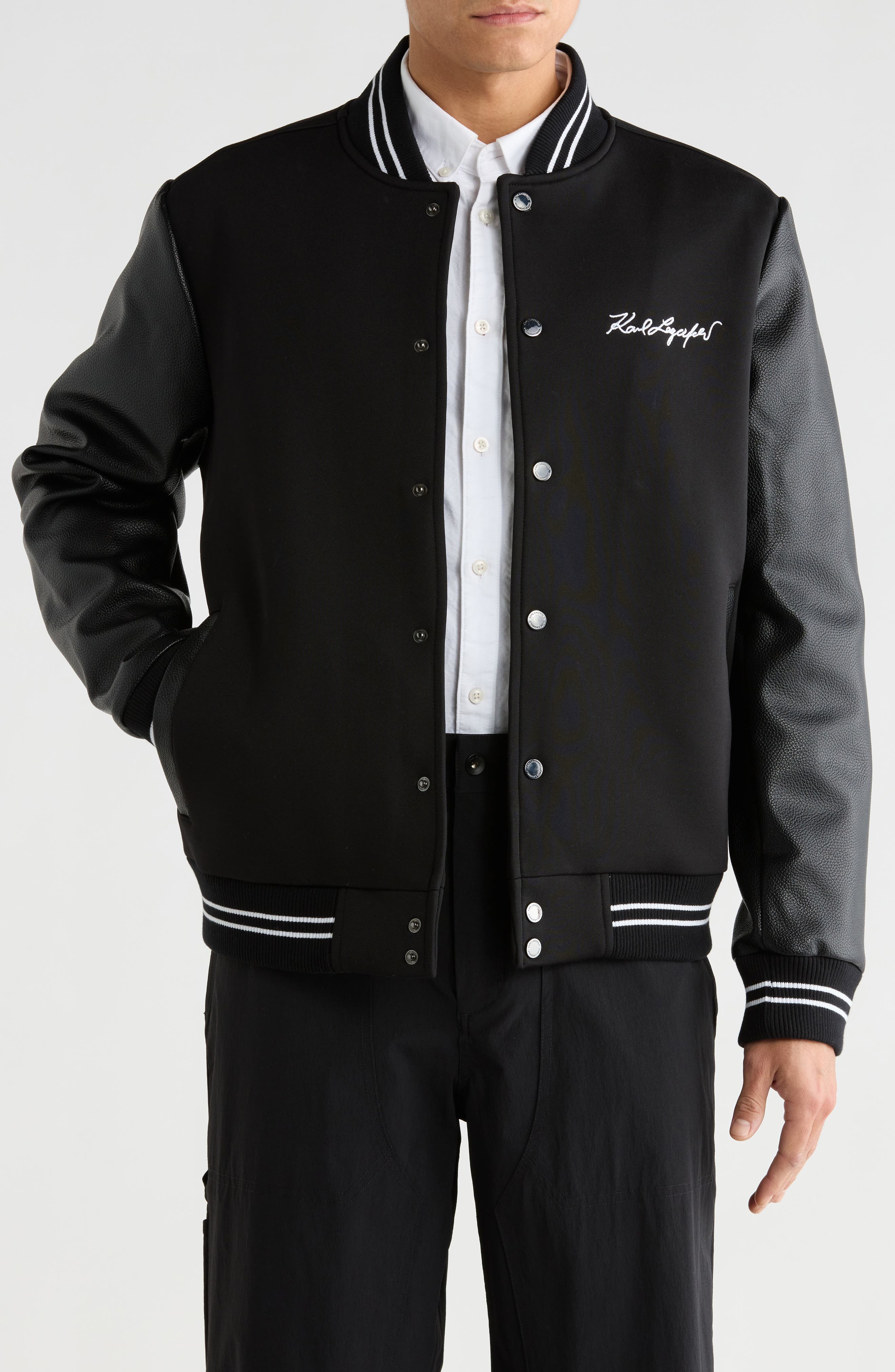 KARL LAGERFELD PARIS Mixed Media Varsity Jacket