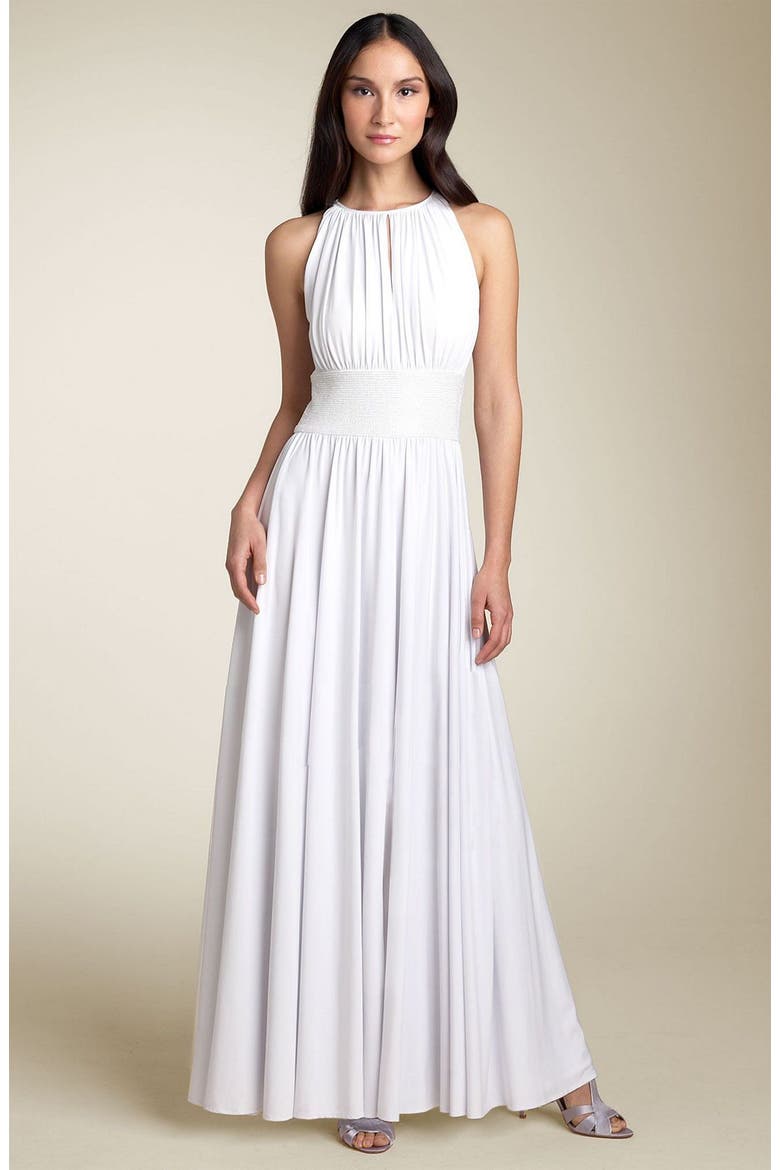 Cutaway Shoulder Beaded Waist Gown, Main, color, WHITE