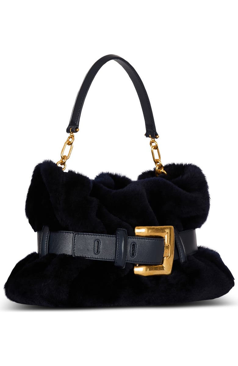 Balmain Medium Anthem Bag In Shearling, Alternate, color, Navy