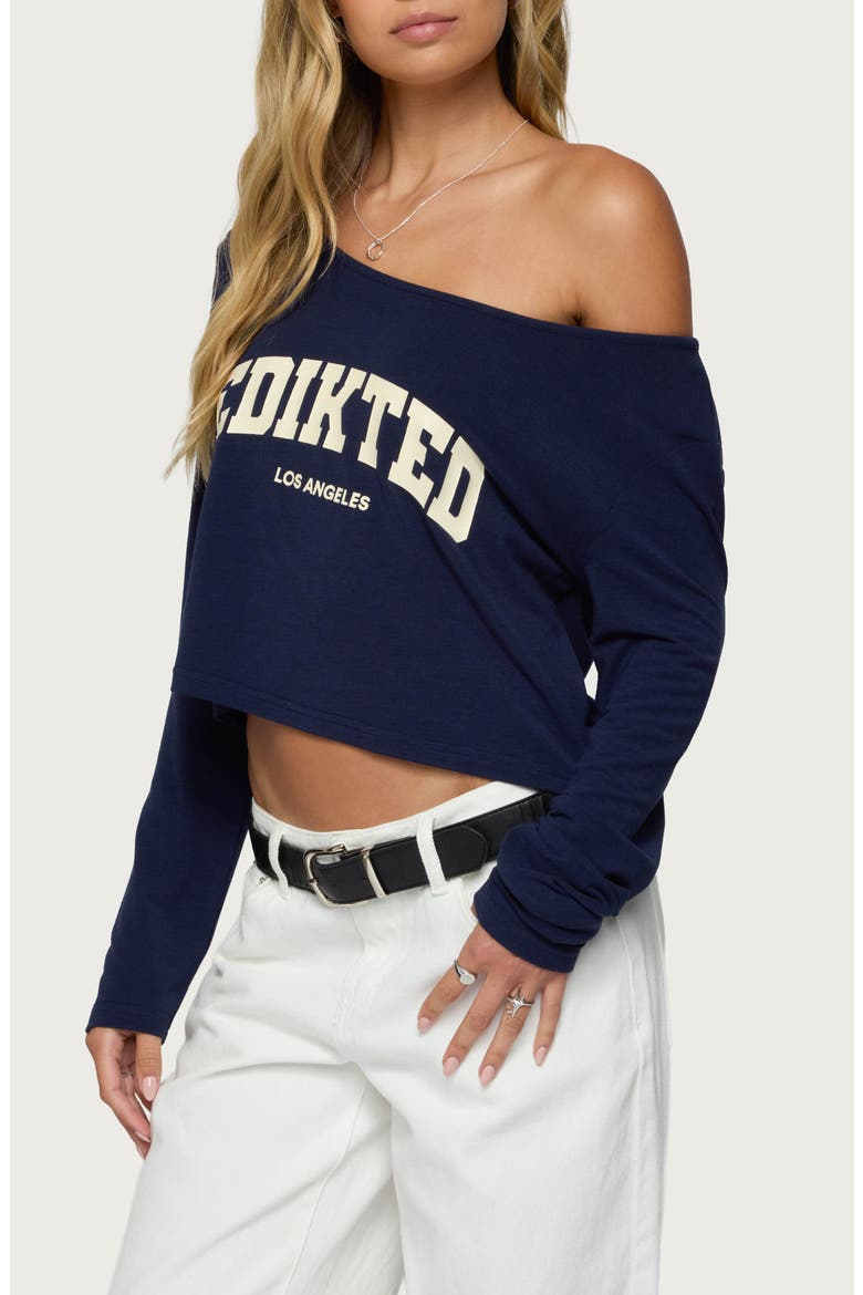 LA Babe Off the Shoulder Crop Graphic T-Shirt, Alternate, color, NAVY-AND-CREAM