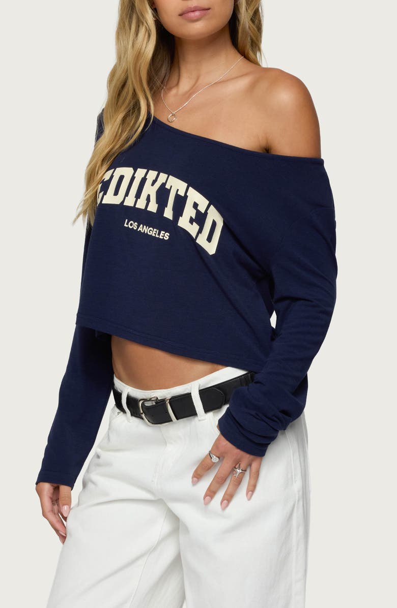 EDIKTED LA Babe Off the Shoulder Crop Graphic T-Shirt, Alternate, color, Navy-And-Cream