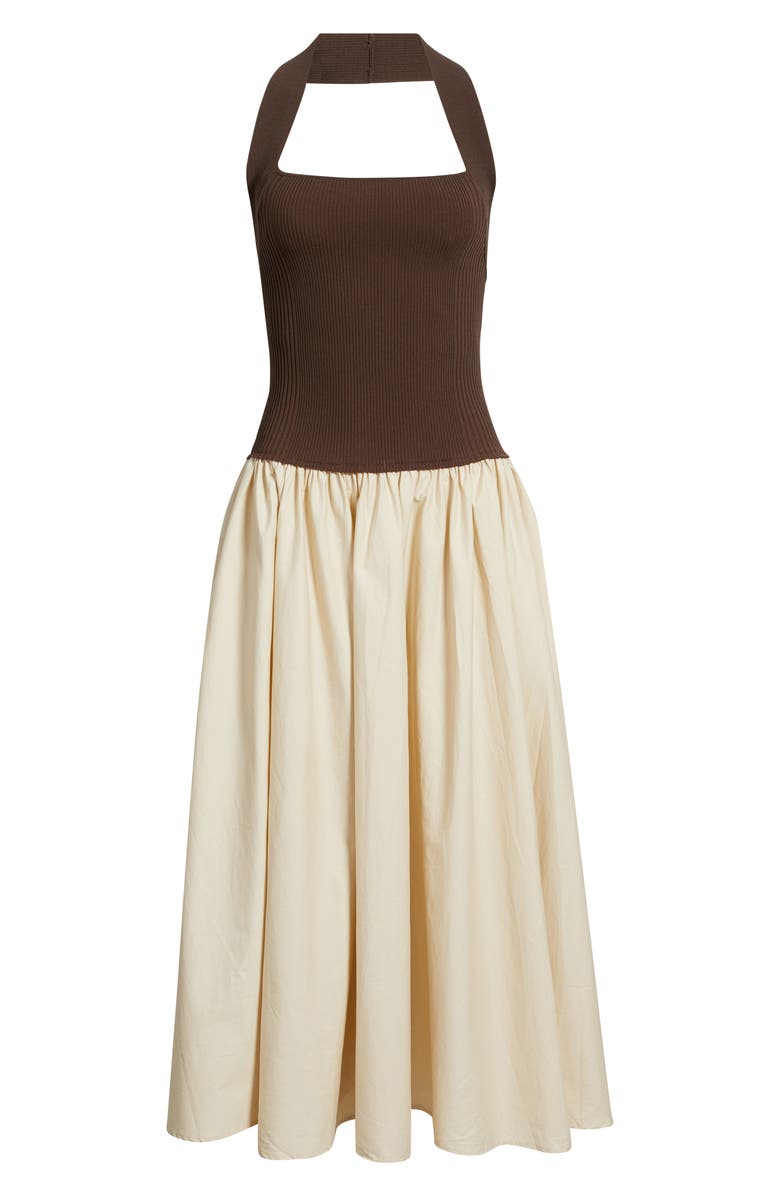 Lucy Paris Sevilla Mixed Media Halter Maxi Dress, Alternate, color, Brown Tan