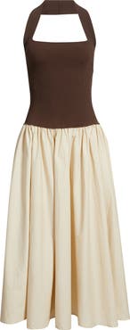 Lucy Paris Sevilla Mixed Media Halter Maxi Dress