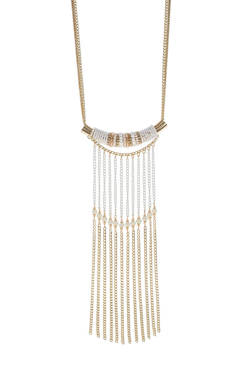 JARDIN Beaded Wrapped Curve Fringe Necklace, Main, color, White/ Gold