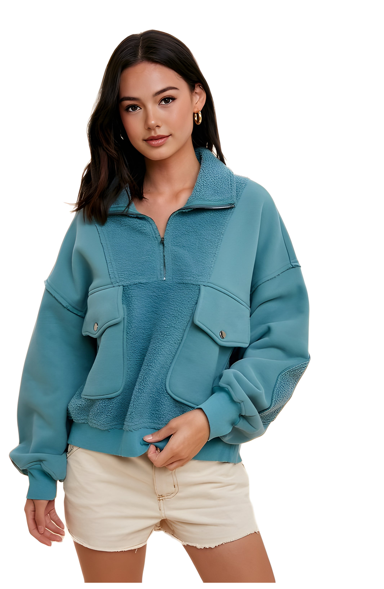 Knit and Lounge Quarter-Zip Fleece Panel Pullover with Oversized Utility Pockets, Main, color, Teal