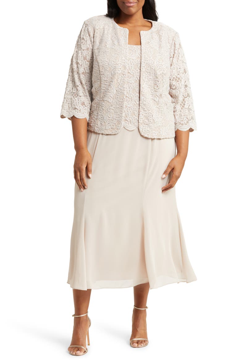 Metallic Lace & Chiffon Dress with Matching Jacket, Main, color, TAUPE