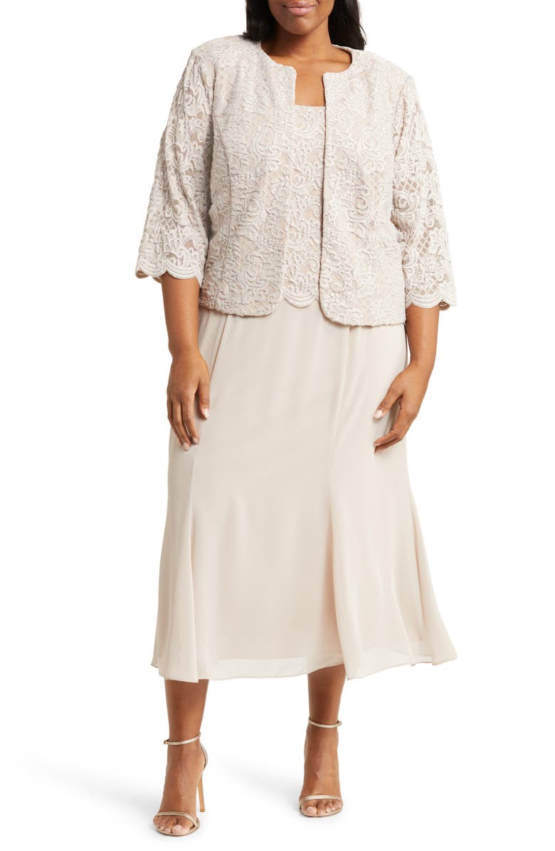 Alex Evenings Metallic Lace & Chiffon Dress with Matching Jacket, Main, color,