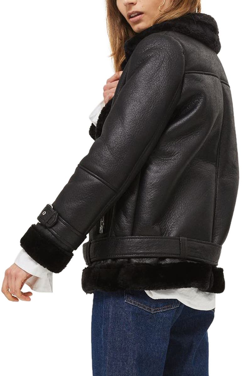 Topshop Faux Shearling Biker Jacket, Alternate, color, 