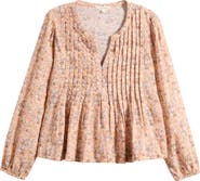 Lucky Brand Floral Print Pintuck Cotton Top