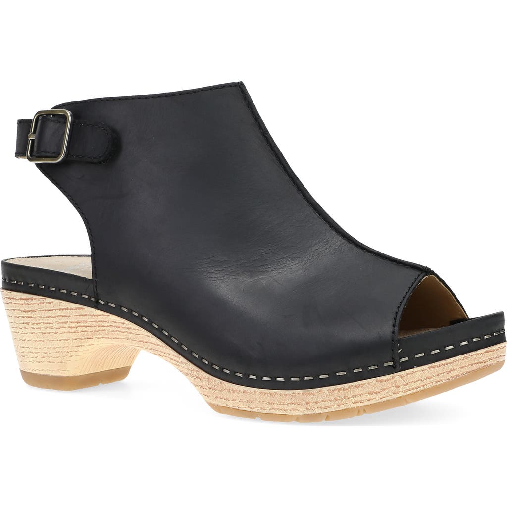 Dansko Lizzy Peep Toe Platform Bootie In Black Oiled Pull Up