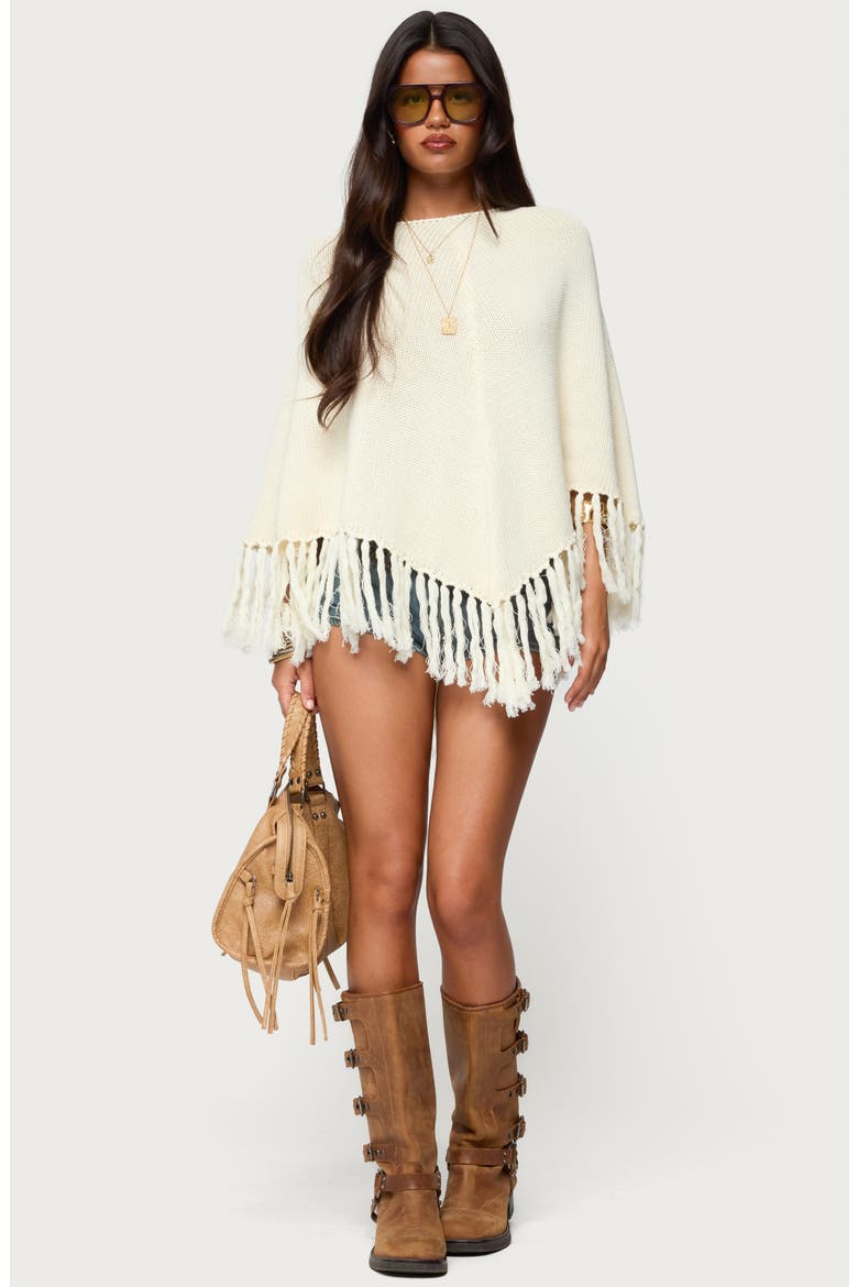 Kamila Fringe Trim Cotton Poncho, Alternate, color, CREAM