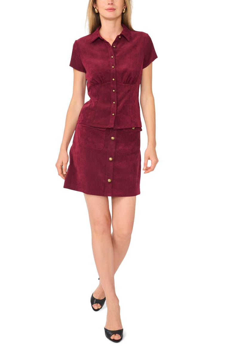 Corduroy Short Sleeve Button Front Shirt, Alternate, color, CRISP MERLOT