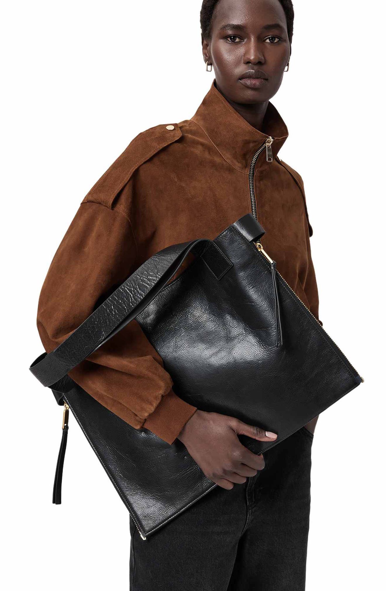 AllSaints Marlo Leather East/West Tote, Alternate, color, Black