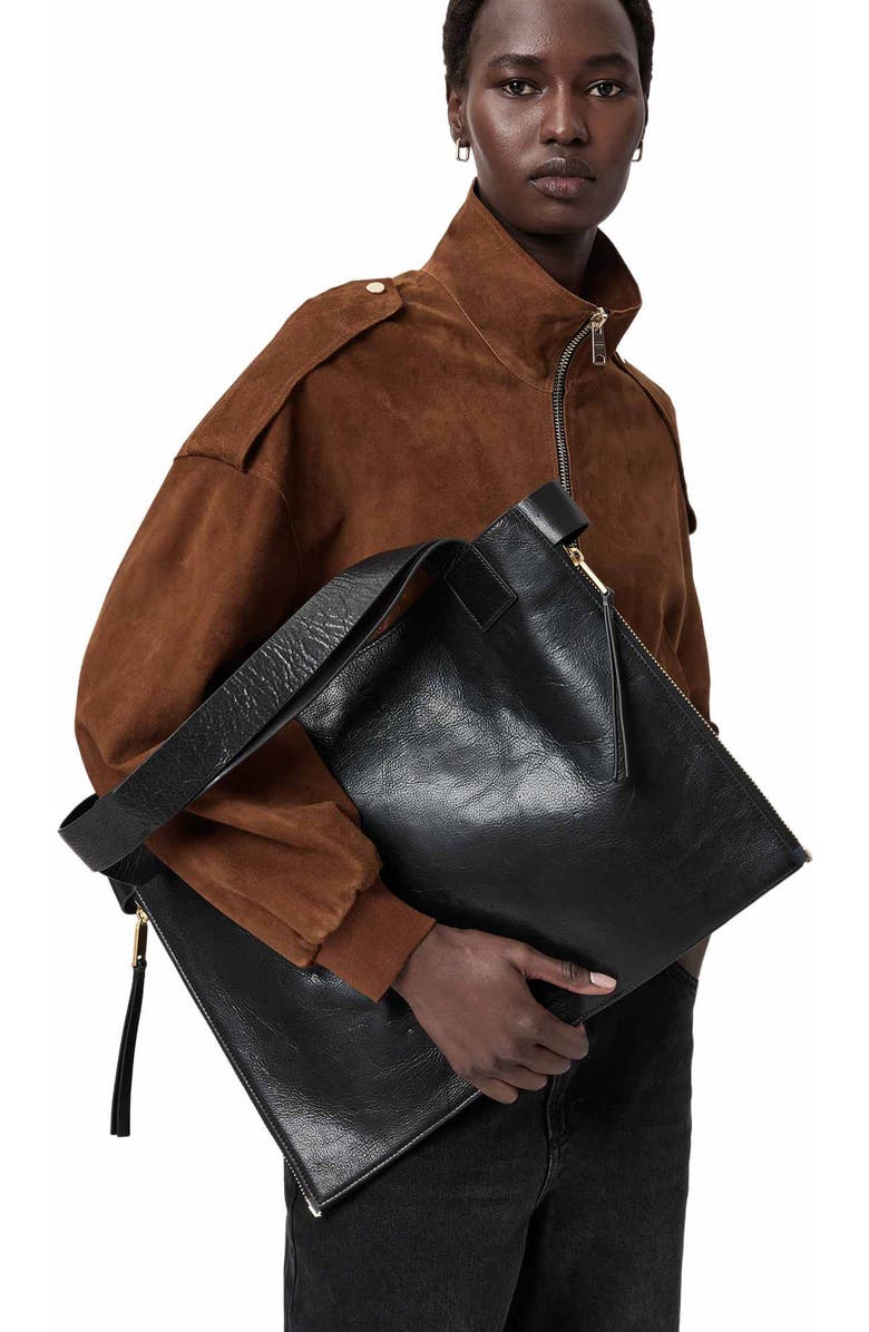 AllSaints Marlo Leather East/West Tote, Alternate, color, Black