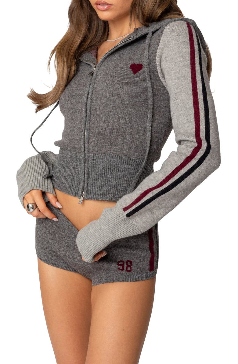 EDIKTED Intarsia Heart Hooded Zip Cardigan, Alternate, color, Gray