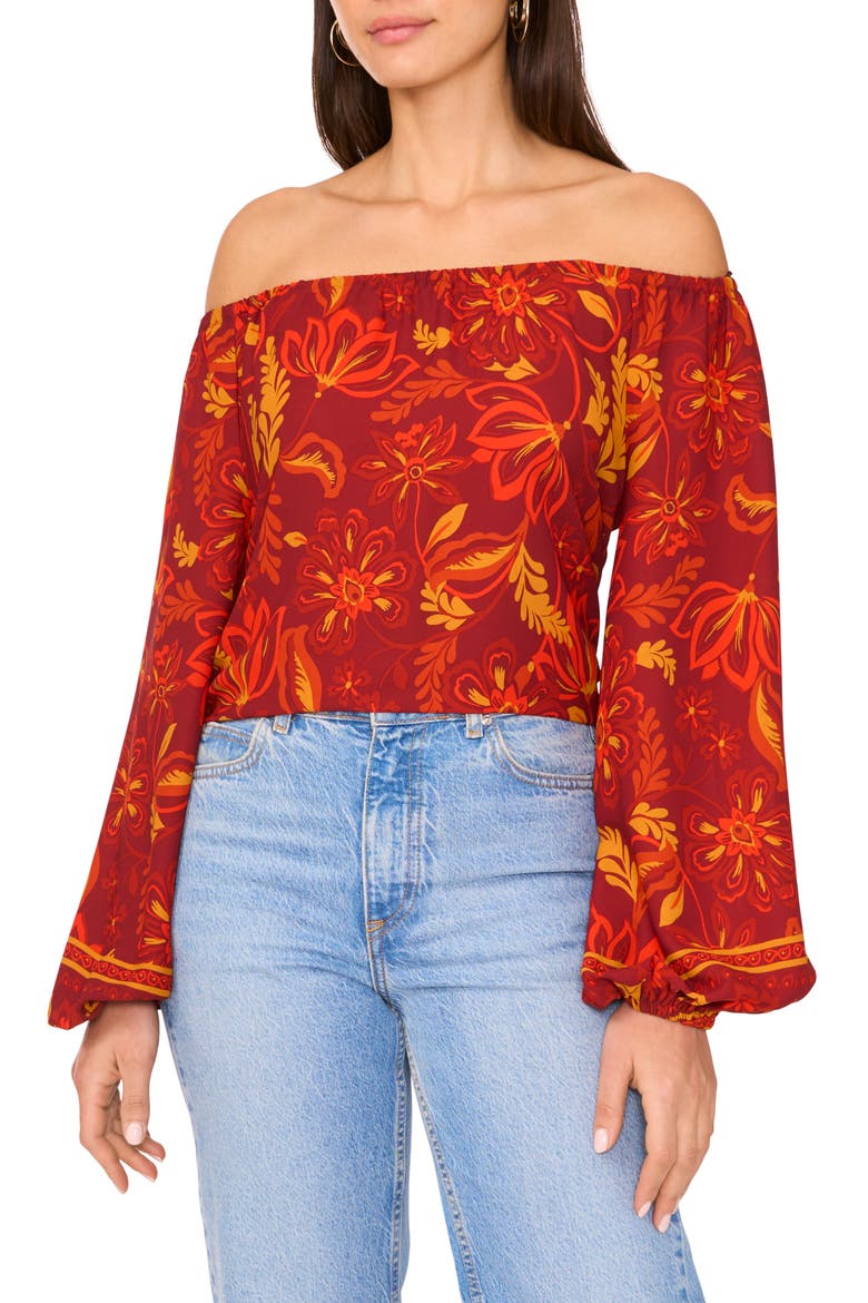 Floral Off the Shoulder Crepe Top, Main, color, CHILI
