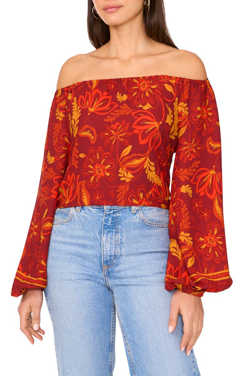 Vince Camuto Floral Off the Shoulder Crepe Top, Main, color, Chili