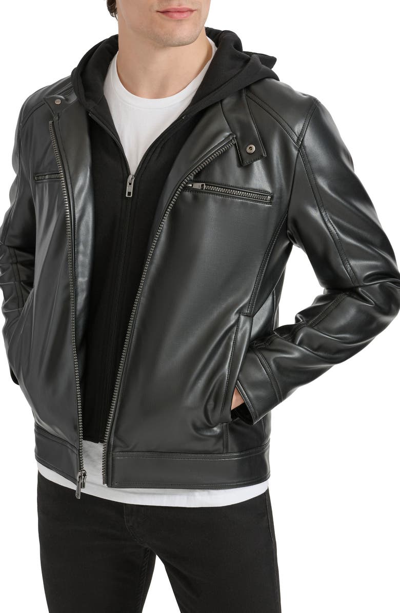 Kenneth Cole New York Hooded Faux Leather Jacket, Alternate, color, Black