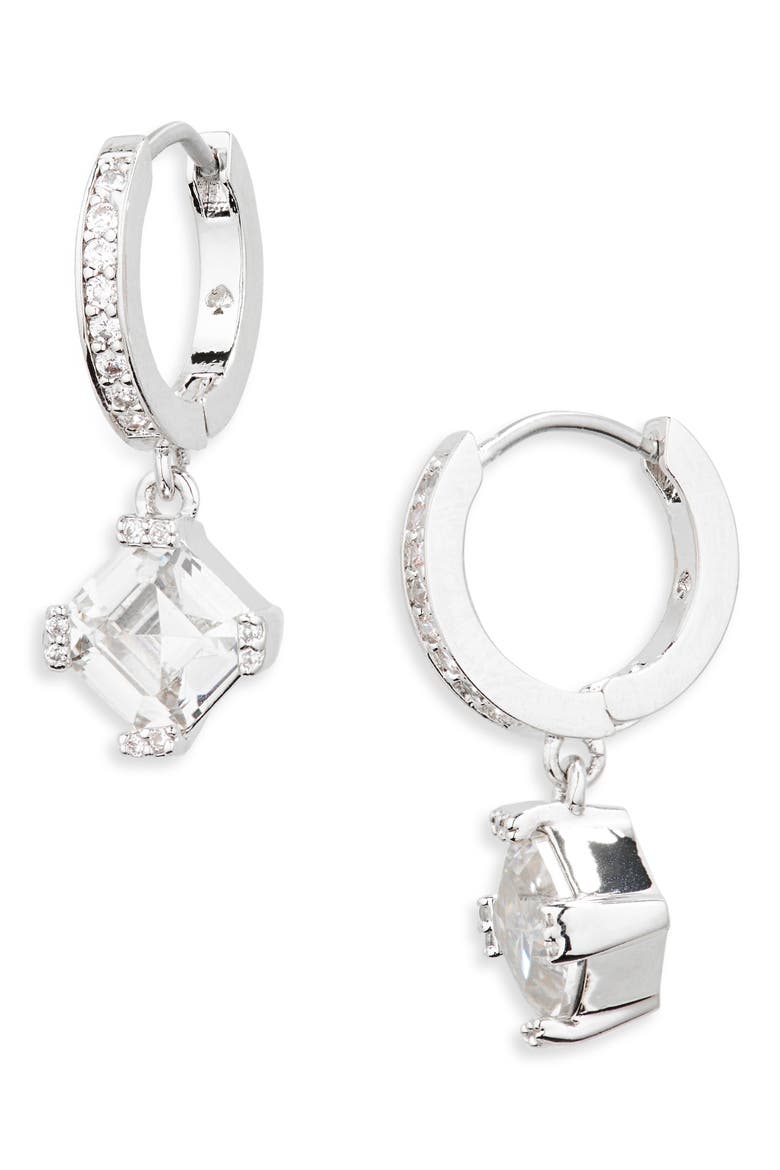 crystal drop huggie hoop earrings, Main, color, CLEAR/ SILVER.