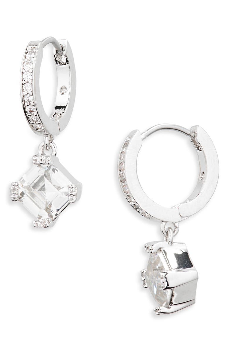 Kate Spade New York crystal drop huggie hoop earrings, Alternate, color, Clear/ Silver.