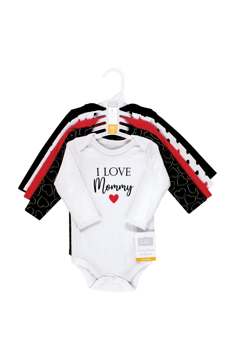Hudson Baby Essential Long-Sleeve Cotton Bodysuit Set, Alternate, color, Girl Mommy Red Black 5-Pack